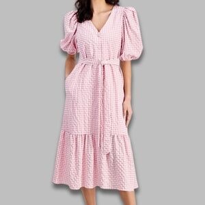 Taylor Gingham Midi Dress V-Neck Puffy Short Sleeves Pink/White Women’s 10 NWT